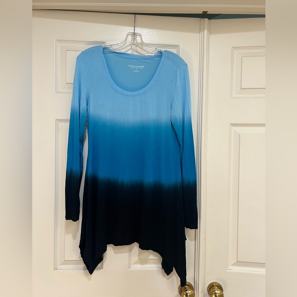 Soft Surroundings Perfect A-Line Swing Jersey Blue Black tie dye top . Medium